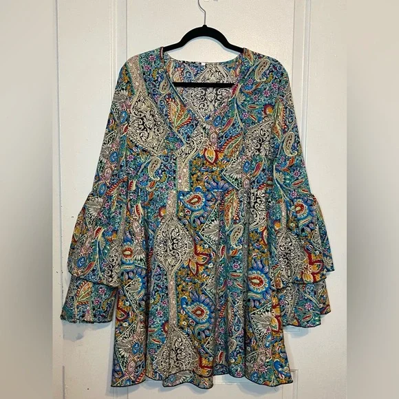 SHEIN Blue and Orange Tiered Ruffled Long Sleeve Dress - Picture 7 of 8